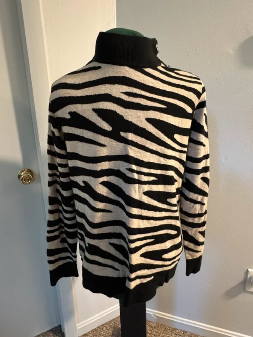 zebra print mockneck sweater